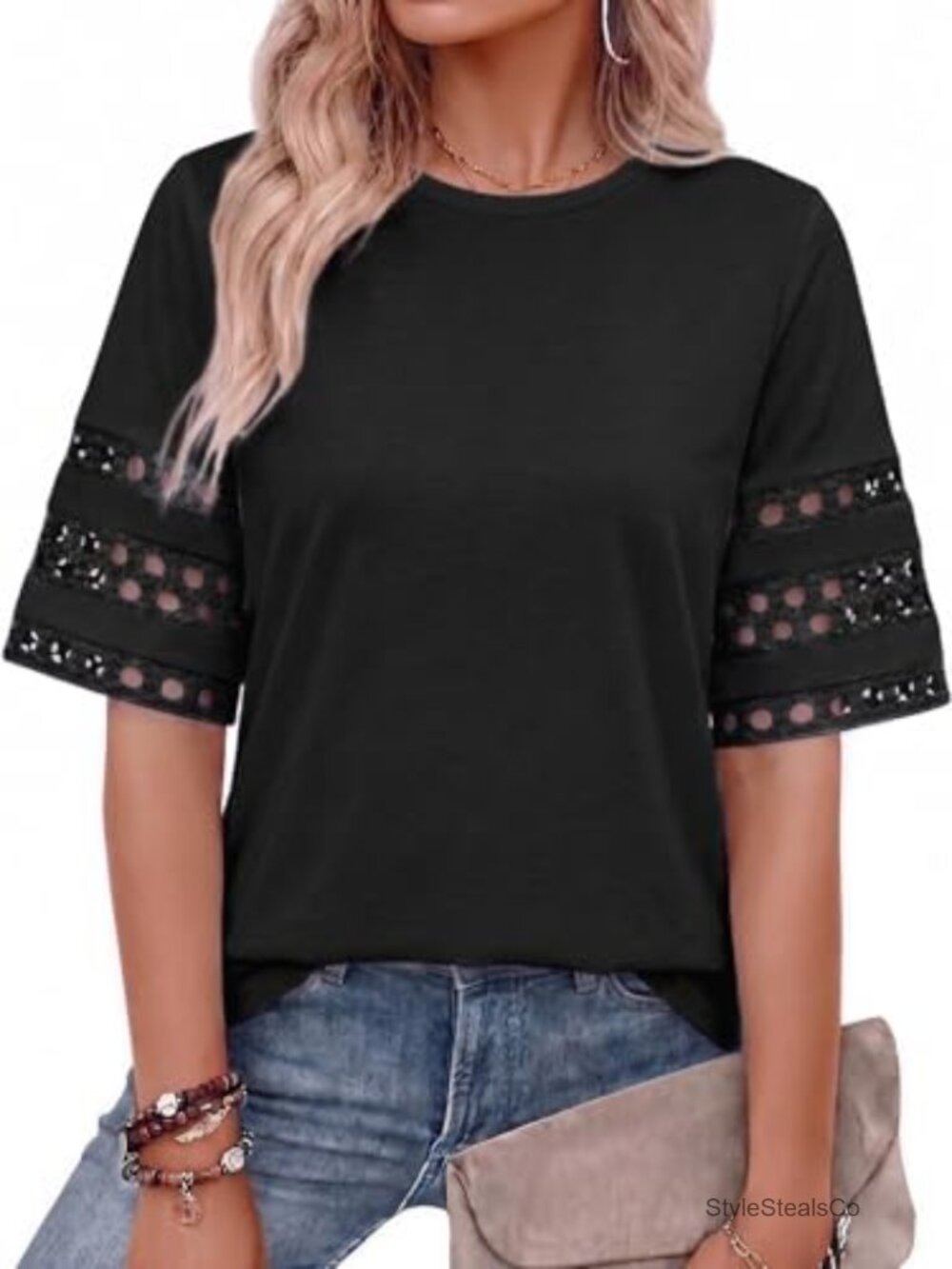 Women Lace Splice Half Sleeve Blouse Round Neck Summer Top